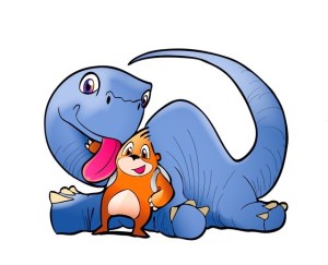 Marco Topo con un dinosaurio